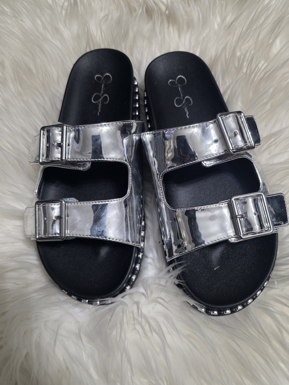 Jessica Simpson Metallic Silver Double-Buckle Slide Sandals